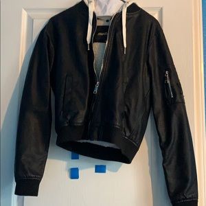 Pleather bomber jacket with hood and sherpa lining